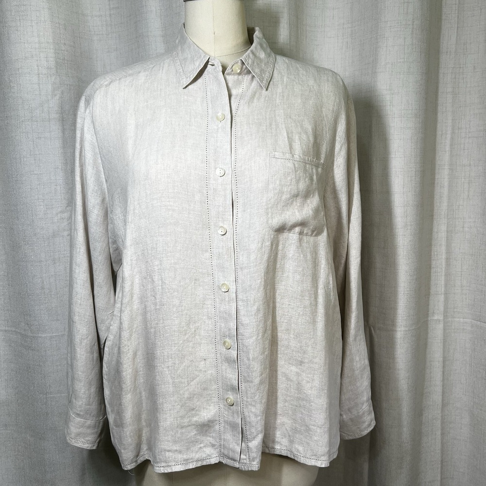 Vintage Talbot Long Sleeve Beige Irish Linen Button Down Blouse Women's‎ Size 16